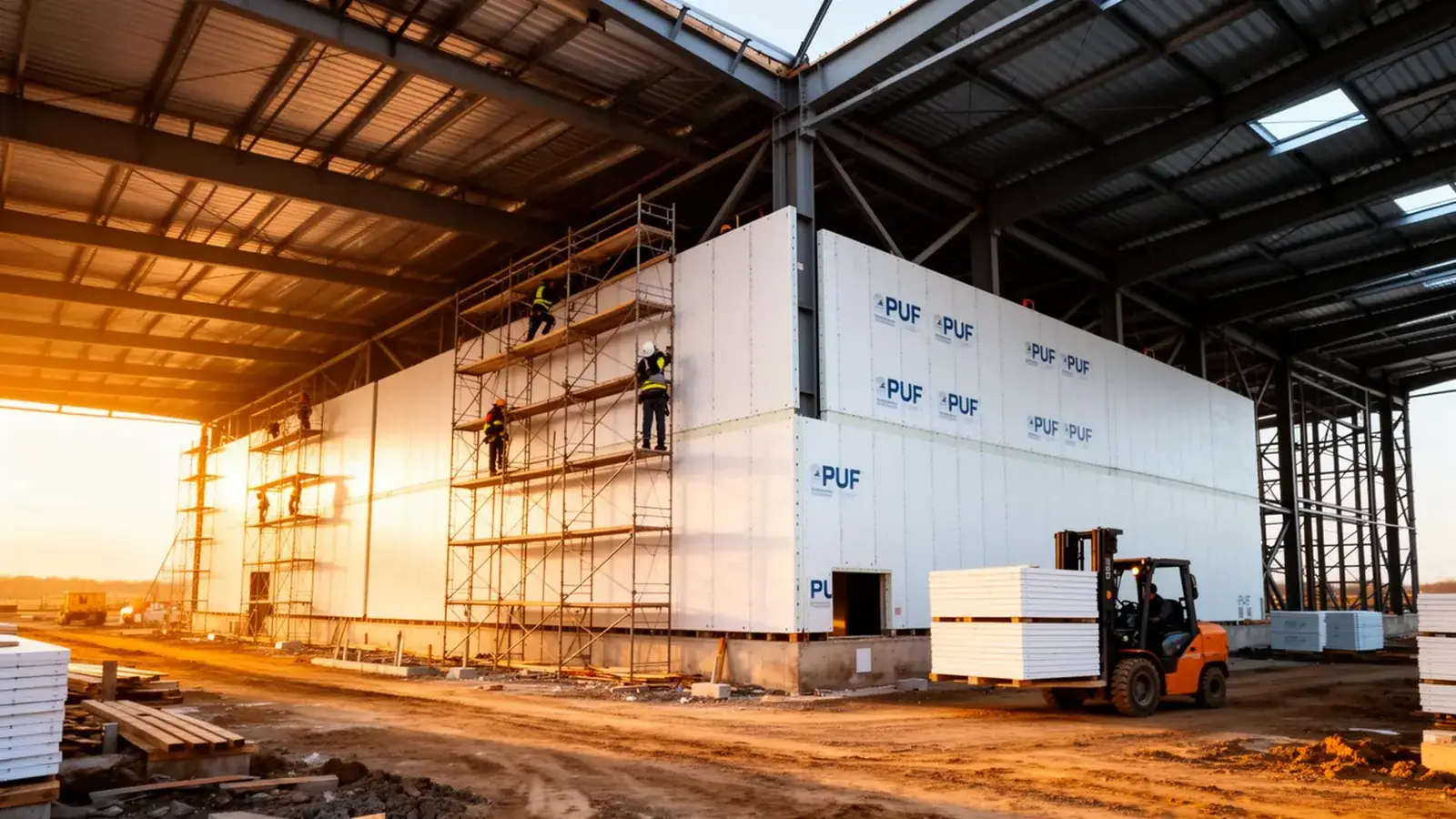 PUF panel building going up on site, with scaffolding and a forklift