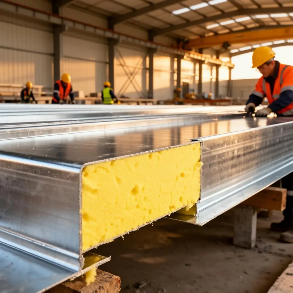 Cut PUF wall panel showing the foam core between steel skins